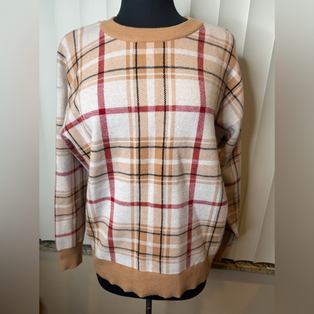 Tahari Plaid Crew Neck Sweater - Tan and Red Size Preppy Cottagecore Large New